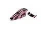 A black Losi 1/16 Mini JRX2 RC buggy body shell and matching rear wing with pink and orange racing stripes on a white background.