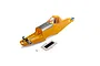 Yellow E-Flite RC plane fuselage with silver cowl, cockpit, and included accessories on a white background.
