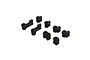 A set of seven black plastic ARRMA RC body post mount components arranged on a white background.