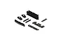 ARRMA body parts set including a front bumper with logo, plastic mounts, flat plates, and small screws on a white background.