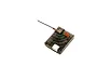 Spektrum DSMX remote receiver with a black translucent case and a single antenna wire against a white background.