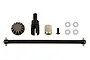 Team Associated RC drivetrain spare parts set including a driveshaft, pinion gear, outdrive shaft, screw, and four washers on a white background.