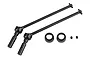 Two black metal CVD driveshafts for an RC car, including two small rubber spacers and two grub screws, isolated on a white background.