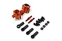 A set of orange anodized aluminium rear hubs for an RC car, including two hubs, four ball ends, four ball studs, and four spacers.