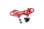 A red anodized aluminium bumper plate brace for RC cars by Yeah Racing, including four black screws and two small washers.