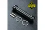 A steel RC driveshaft component with two small metal pins and two split rings on a textured black surface, featuring a Recon G6 Certified 2018 logo.