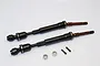 Two black and brown steel CVD driveshafts for RC cars, with two small nuts and two grub screws on a white background.