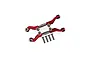 Two red anodized aluminium steering tie rods for RC cars with four included mounting screws on a white background.