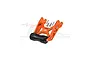 An orange anodized aluminium RC wheelie bar with a black rubber roller and included mounting screws, set against a white background.