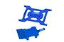 Two blue anodized aluminium GPM Racing RC parts, a rectangular mounting plate and a battery holder bracket, isolated on a white background.