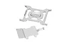 Two silver GPM Racing aluminium RC parts, a flat mounting plate and a shaped bracket, isolated on a white background.