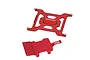 Two red anodized aluminium RC parts from GPM Racing, including a mounting plate with cutouts and a smaller battery hold-down bracket.