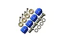 A set of four blue anodized aluminium 12mm wheel hex adapters with matching steel pins, washers, and bolts for RC cars.