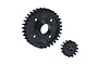 A large 33T gear and a smaller 14T gear made of black carbon steel for RC drivetrain applications.
