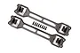 Two black plastic Traxxas body mount latch bars with integrated clips and a set of small black mounting screws on a white background.