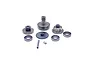 A set of steel RC servo gears, including various sized gears, ball bearings, and small metal pins, arranged on a white background.