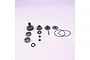 A collection of metal servo gears, ball bearings, a metal pin, and rubber O-rings laid out on a white background.