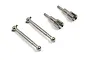 A set of four silver-coloured metal RC car drivetrain components, including two dogbone driveshafts and two wheel axles, arranged on a white background.