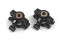 A pair of black plastic RC steering hub and hub carrier assemblies with bronze-coloured metal bushings, isolated on a white background.