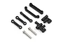 A set of black plastic RC steering linkage parts and two metal pins arranged on a white background.