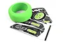 A bright green foam transmitter steering wheel cover and a sheet of MTX-201 branded decals on a white background.