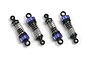 Four blue and black RC shock absorbers arranged in a row on a white background.