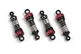 A set of four red and black RC shock absorbers with silver coil springs arranged on a white background.