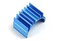 A blue anodized aluminium motor heat sink with cooling fins, designed for RC car motors.