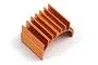 An orange anodized aluminium motor heat sink with cooling fins, designed for RC car motors.