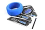 A blue foam transmitter steering wheel grip and a sheet of MTX-201 branded decals on a white background.