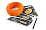 An orange foam transmitter steering wheel grip and a sheet of MTX-201 branded decals on a white background.