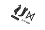 Losi RC wheelie bar set components including black plastic side plates, a cross-brace, a tube, two bearings, and four small screws on a white background.