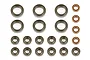 A set of various metal shielded ball bearings and small copper-coloured washers arranged on a white background.