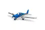 E-Flite UMX Cirrus SR22T RC plane in blue and silver livery, viewed from a front three-quarter angle against a white background.
