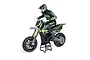 Losi Promoto-SM FXR Supermoto 1/4 scale RC motorcycle in white, black, and neon green livery with a rider figure on a display stand.