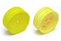 Two bright yellow 2.2-inch RC buggy front dish rims shown from the front and back against a white background.