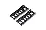 Two black plastic battery tray adapters for an RC boat, shown from an angled top-down perspective against a white background.