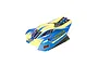 ARRMA 1/8 Typhon 4x4 pre-painted clipless body shell in blue and yellow with black accents, viewed from a high angle against a white background.
