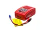 Dynamite Prophet Sport Mini 50W multi-chemistry RC battery charger in red plastic housing with charging cables and a yellow safety warning tag.