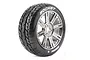 A single Louise B-Rocket RC tyre mounted on a black chrome 8-spoke wheel against a white background.
