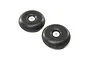 Two black rubber RC airplane tundra tires with silver hubs isolated on a white background.