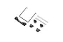 Losi wing mount spare parts kit including a metal wire brace, plastic mount base, four plastic wing buttons, and two metal pins on a white background.