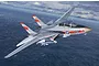 A digital illustration of a Grumman F-14A Tomcat fighter jet flying over the ocean, featuring grey paint, red markings, and USS Enterprise insignia.