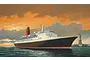 A painting of the Queen Elizabeth 2 ocean liner sailing past the Statue of Liberty at sunset.