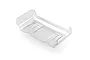 A clear, unpainted polycarbonate rear wing for an RC car, viewed from a high angle against a white background.