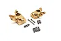 Two brass portal steering hubs for RC cars, labeled L and R, with included screws and small metal bushings on a white background.
