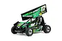 Losi 22S Sprint RC car in green and black livery with a large top wing, featuring Hoosier tires and sponsor decals on a white background.