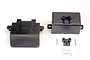 Traxxas RC spare parts set including a black plastic rear bumper, battery box, small mount, two screws, and two body clips on a white background.