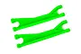 Two bright green Traxxas upper suspension arms for RC vehicles, shown from a top-down perspective against a white background.