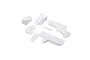 A set of unpainted white plastic RC car body panels arranged on a white background.
